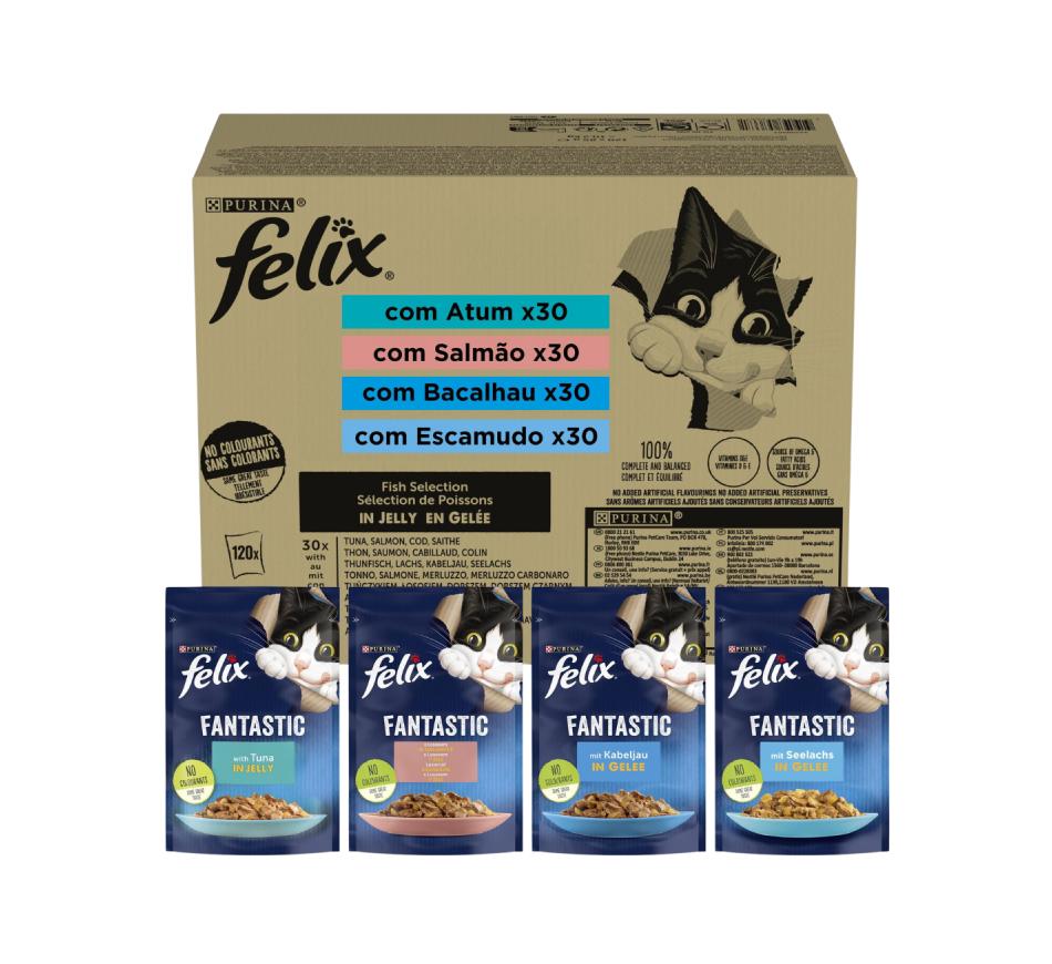 Felix Fantastic Sabores de Peixe em Gelatina(Bacalhau,Atum,Salmão,Peixe) Jumbo Pack 120x85gr