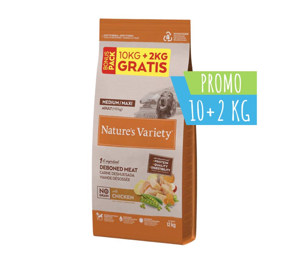 Nature's Variety Cão No Grain Med/Maxi Adulto do Frango 10+2kg Grátis